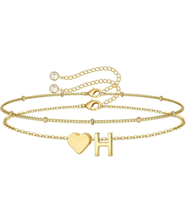 M MOOHAM Valentines Day Gifts for Kids Teen Girls -14K-Gold-Plated Heart Initial A-Z Bracelets for Women Girl Dainty Gold Bracelets Birthday Valentines Gifts for Women Her Teenage Girls Kid Teen Gift