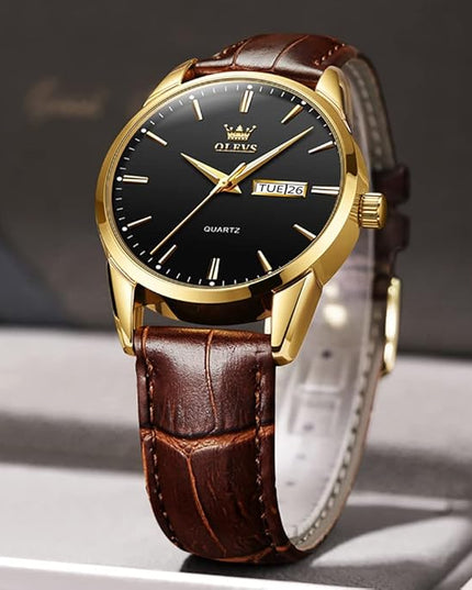 OLEVS Watches for Men Brown Leather Gold Case Analog Quartz Fashion Business Dress Watch Day Date Luminous Waterproof Casual Male Wrist Watches