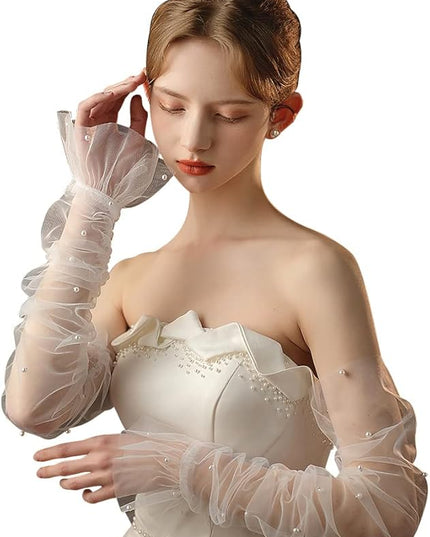 Women's Long Bridal Wedding Tulle Glove Mesh Fingerless Gloves Pearl 1920 Opera Tea Party Sheer Gloves