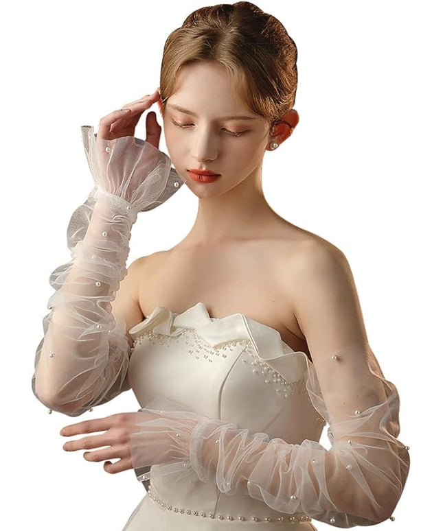 Women's Long Bridal Wedding Tulle Glove Mesh Fingerless Gloves Pearl 1920 Opera Tea Party Sheer Gloves