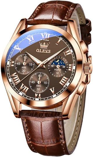 OLEVS Men's Watches Leather Strap Analog Quartz Watch, Fashion Big Dial Date Waterproof Watch, Dress Luxury Luminous Men Watches