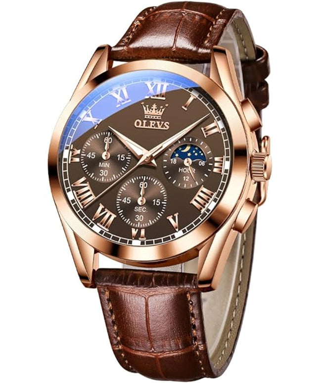 OLEVS Men's Watches Leather Strap Analog Quartz Watch, Fashion Big Dial Date Waterproof Watch, Dress Luxury Luminous Men Watches