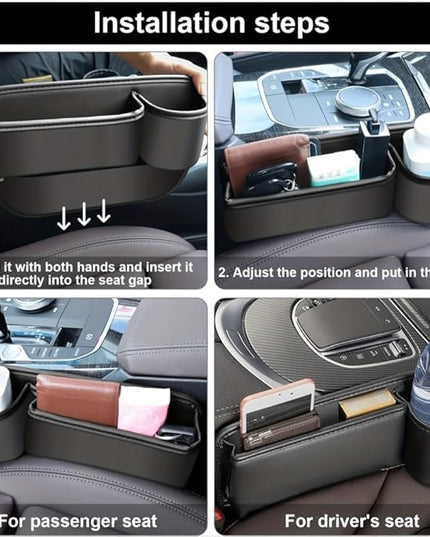 Car Seat Gap Filler Organizer with Cup Holders, Seat Gap Storage Box for Drinks, Phones, Keys, Sunglasses, Cards, and Small Essentials (Beige, Driver's Seat)