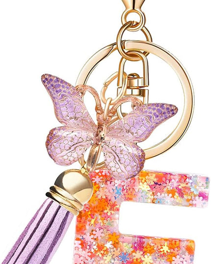 Fashion Alphabet Initial Letter Keychain Tassel Butterfly Pendant Key Ring for Purse Handbags Women Girl