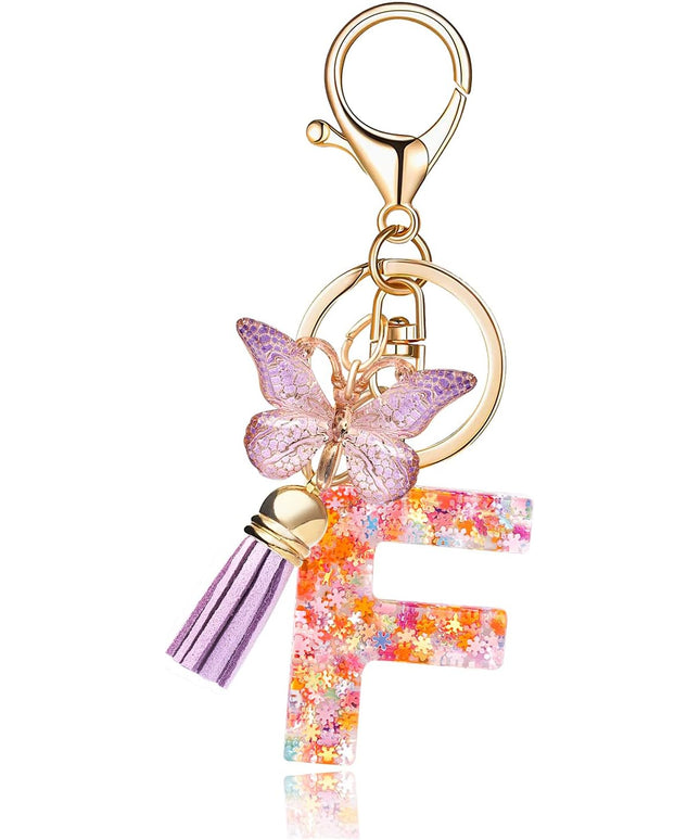 Fashion Alphabet Initial Letter Keychain Tassel Butterfly Pendant Key Ring for Purse Handbags Women Girl