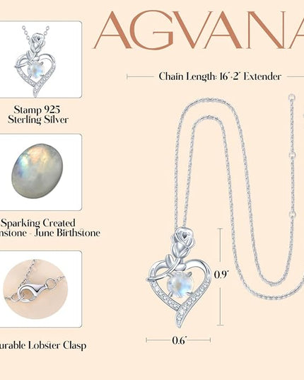 AGVANA Christmas Gifts Rosy Reverie Birthstone Necklace for Women Sterling Silver Genuine or Created Gemstone Rose Flower Heart Pendant Necklace Anniversary Birthday Gifts for Women Mom Wife Her