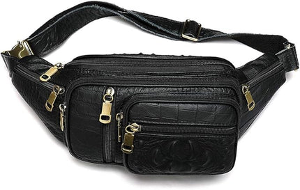 Genuine Leather Fanny Pack large capacity Crossbody Waist Bag with Zipper phone Pockets crocodile black