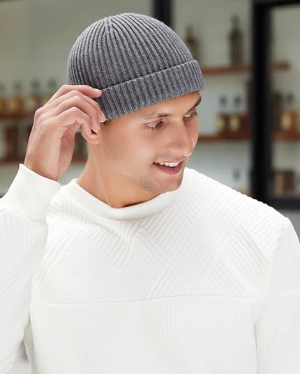 3 Pack Wool Fisherman Beanies for Men, Short Knit Watch Cap Cuffed Trawler Hats