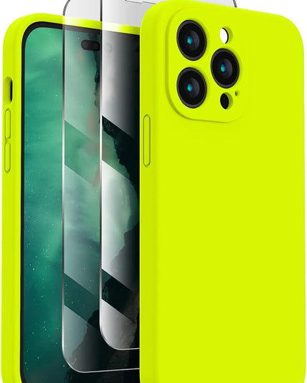 FireNova for iPhone 14 Pro Case, Silicone Upgraded [Camera Protection] Phone Case with [2 Screen Protectors], Soft Anti-Scratch Microfiber Lining Inside, 6.1 inch,Fluorescent Green