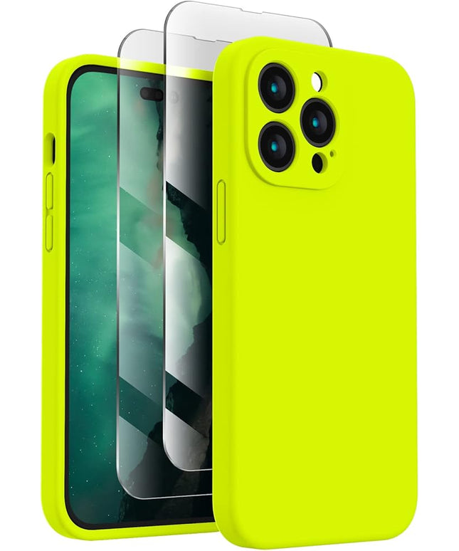 FireNova for iPhone 14 Pro Case, Silicone Upgraded [Camera Protection] Phone Case with [2 Screen Protectors], Soft Anti-Scratch Microfiber Lining Inside, 6.1 inch,Fluorescent Green