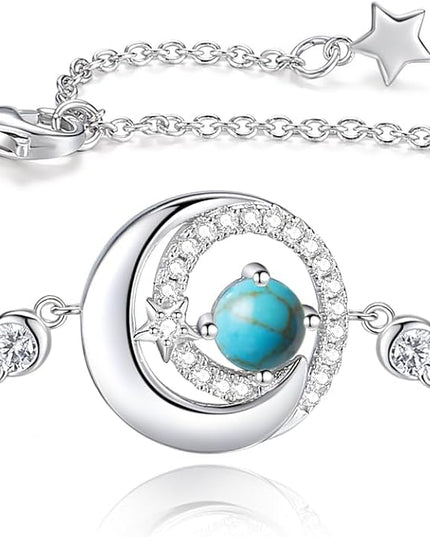 FANCIME Birthstone Bracelets 925 Sterling Silver Moon and Star Bangle Charm Bracelet Fine Jewelry Birthday Anniversary Christmas Day Gift for Her Women, Adjustable Chain 6.7"+1.2" Extend