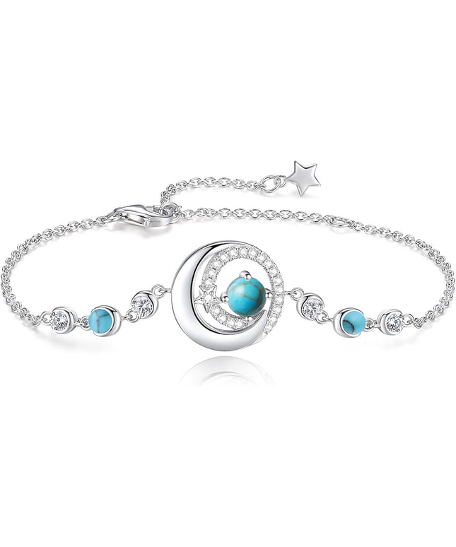 FANCIME Birthstone Bracelets 925 Sterling Silver Moon and Star Bangle Charm Bracelet Fine Jewelry Birthday Anniversary Christmas Day Gift for Her Women, Adjustable Chain 6.7"+1.2" Extend