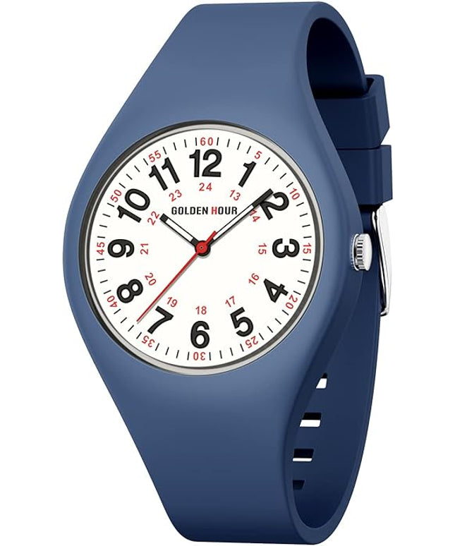 GOLDEN HOUR Waterproof Sports Analog Unisex Watches for Nurse Medical Professionals, Students - Military Time Glowing Easy to Read Dial, Jelly Silicone Strap