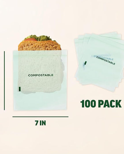 Zenlogy Compostable Sandwich Bag (7" x 7"), Resealable Food Storage Bags, Biodegradable & Freezer Safe Baggies, Organic Eco-Friendly Storage Container, 100 Pack