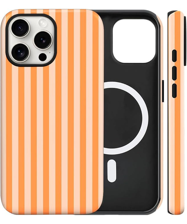 Magnetic for iPhone 14 Plus Case Cute Stripes Phone Case, Shockproof Slim TPU and Hard PC Protective Phone Cover Compatible with MagSafe Designed for Women Girls, Orange