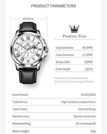 OLEVS Men's Watches Leather Strap Analog Quartz Watch, Fashion Big Dial Date Waterproof Watch, Dress Luxury Luminous Men Watches