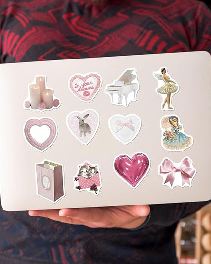 150pcs Coquette Stickers Cute Vinyl Laptop Sticker Monogram Decal Vintage Aesthetic StickersWaterproof Aesthetic Stickers, Pink Sticker Pack for Girls Water Bottles Laptop Computer Phone Guitar