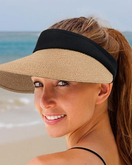 Women Straw Sun Visor Hat Wide Brim Summer UV Protection Beach Cap Foldable Packale Korean Style