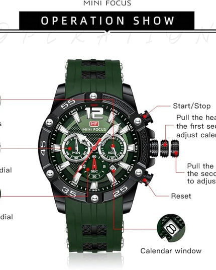 MF MINI FOCUS Men Watches Unique Casual Wrist Watches (Chronograph/Waterproof/Luminous/Calendar/24 Hours) Silicon Band Fashion Watches for Men