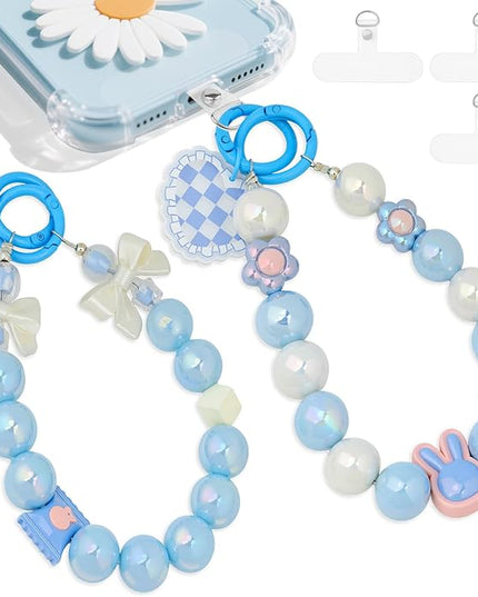 2 Pcs Phone Charm Wrist Strap with Tether Tab, Double Anti Lost Cute Beaded Wrist Lanyard, Detachable Transparent Phone Charms for Bag, Key Chains, Camera Decor