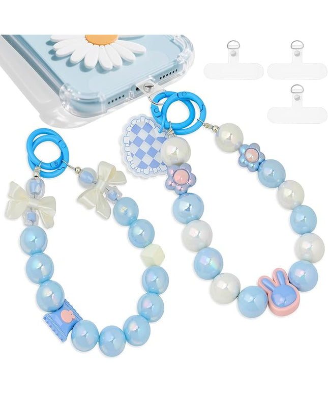 2 Pcs Phone Charm Wrist Strap with Tether Tab, Double Anti Lost Cute Beaded Wrist Lanyard, Detachable Transparent Phone Charms for Bag, Key Chains, Camera Decor