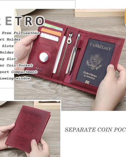 CONTACTS Full Grain Leather Passport Holder RFID Blocking Travel Passport Wallet Compatible Airtag Passport Cover Case with 4 Cards Slots, Coin Pocket (Badge, Wine Red)