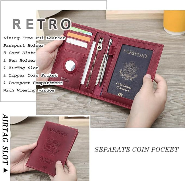 CONTACTS Full Grain Leather Passport Holder RFID Blocking Travel Passport Wallet Compatible Airtag Passport Cover Case with 4 Cards Slots, Coin Pocket (Badge, Wine Red)