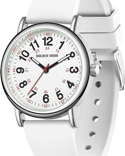 GOLDEN HOUR Waterproof Nurse Watch for Medical Professionals, Students Women Men - Military Time Luminouse Easy Read Dial, 24 Hour with Second Hand, Colorful Silicone Band