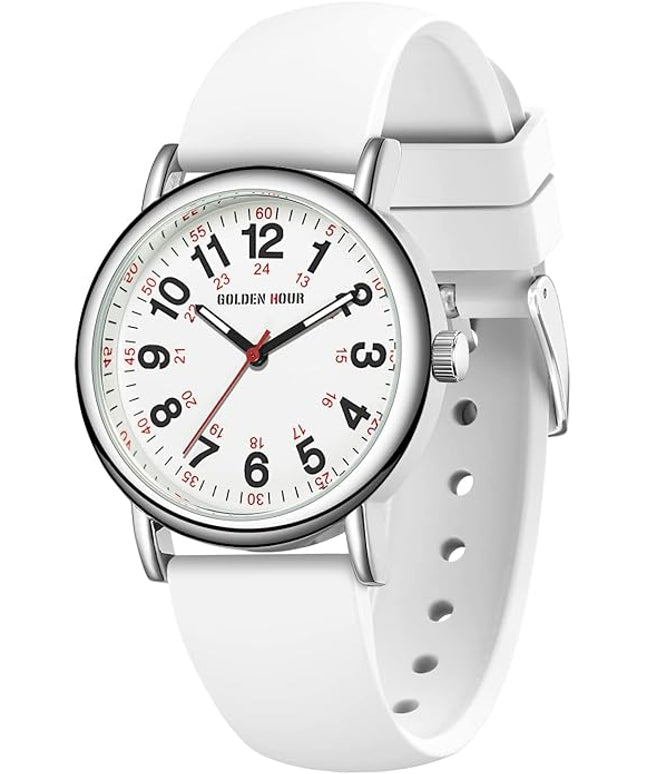 GOLDEN HOUR Waterproof Nurse Watch for Medical Professionals, Students Women Men - Military Time Luminouse Easy Read Dial, 24 Hour with Second Hand, Colorful Silicone Band