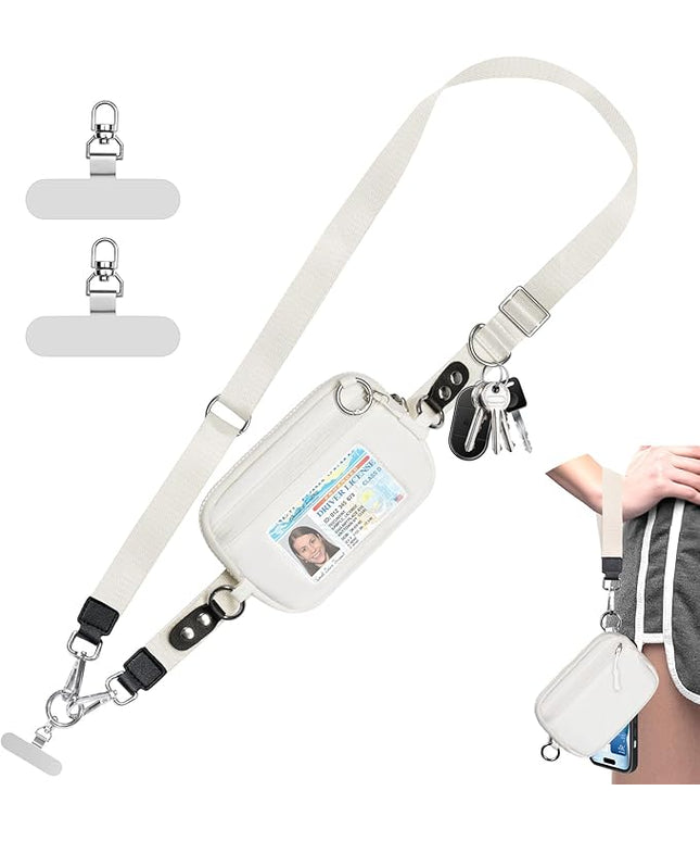 Clip and Go Strap for Phone with Wallet Crossbody Phone Lanyard Adjustable and Detachable RFID Wristlet Wallet with ID Window and Zipper, Cream