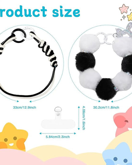 2 Pcs Phone Charm Wrist Strap with Tether Tab, Double Anti Lost Fluff Ball Beaded Wrist Lanyard, Detachable Leather Phone Charms for Bag, Key Chains, Camera Decor