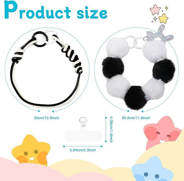 2 Pcs Phone Charm Wrist Strap with Tether Tab, Double Anti Lost Fluff Ball Beaded Wrist Lanyard, Detachable Leather Phone Charms for Bag, Key Chains, Camera Decor