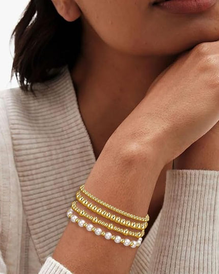 Gold Beaded Bracelets for Women, 14K Real Gold Plated Jewelry for Women Dainty Pearl Bead Bracelets Stack, Non Tarnish Trendy Stackable Ball Cross Stretch Bracelet Set Fashion Accessories Gifts