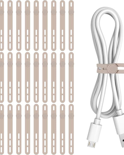 Donruby 30Pcs Silicone Cable Ties - Reusable & Washable with Adjustable Locking Buckles, High Elasticity Cable Management Straps for Home, Office, School, Travel Essential Cord Organizer (Khaki)