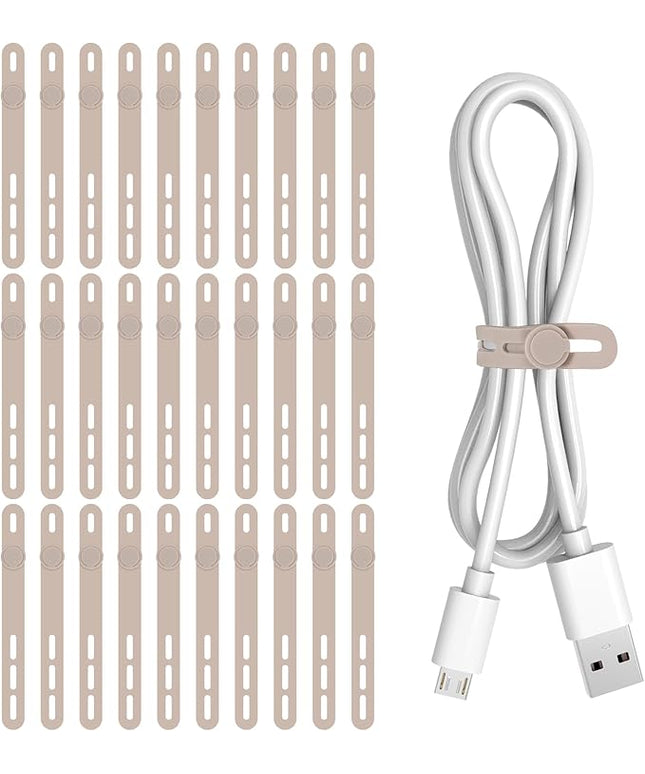 Donruby 30Pcs Silicone Cable Ties - Reusable & Washable with Adjustable Locking Buckles, High Elasticity Cable Management Straps for Home, Office, School, Travel Essential Cord Organizer (Khaki)