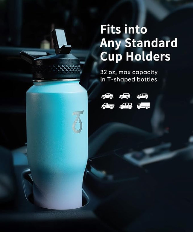 Trebo 32oz Insulated Water Bottle that Fits in Cup Holder, Stainless Steel Triple Wall Tumbler Flask Bottles with Paracord Handle, with Straw Spout Lids, Keep Cold for 48 Hrs/Hot 24 Hrs,Bubble Gum