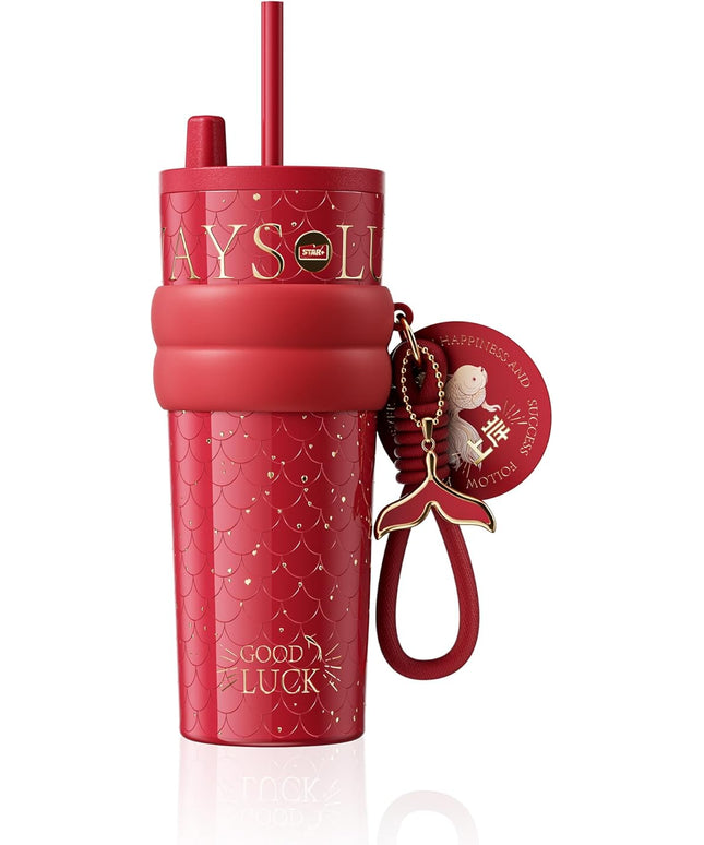 24 oz Tumbler with Lid and Straw, Insulated Coffee Mug Leak Proof, Portable Iced Travel Water Bottle, Reusable Thermal Coffee Cup, Gifts for Women, Scarlet Red
