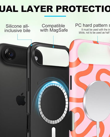 Magnetic for iPhone 17 Air Case Cute Curved Stripes Phone Case, Shockproof Slim TPU and Hard PC Protective Phone Cover Compatible with MagSafe Designed for Women Girls,Pink