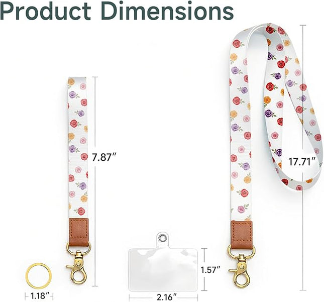 Cell Phone Lanyard with Wrist Strap, Rose Floral Neck Lanyard for Phones, ID Badge, Wallet and Keychain – Universal Set