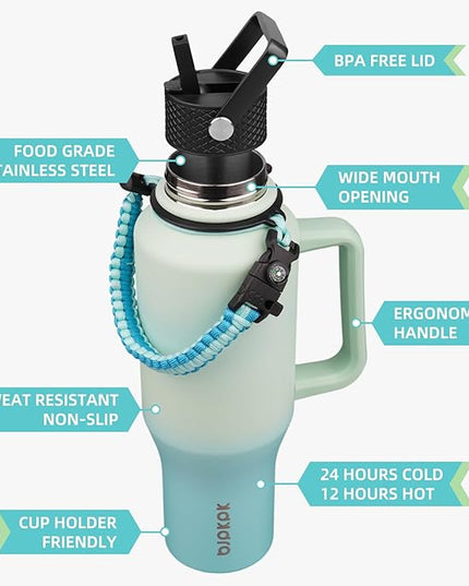 BJPKPK Insulated Water Bottles with Straw Lid, 40oz Metal Water Bottle with 2 lids & Paracord Strap, Double Wall Stainless Steel Tumbler with Handle, Reusable Cups, Mugs, Thermo, Mint