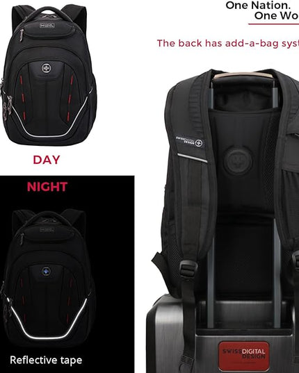 Swissdigital Design TSA Laptop Backpack Men's USB Charging Port Large Capacity Business Travel Backpack Black| With Apple Find My Network Black/Red | J16BTFB-41