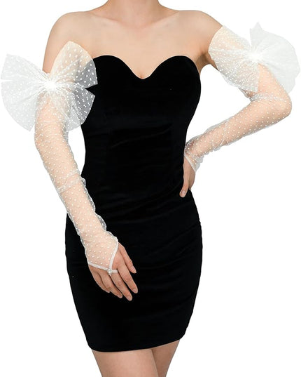 Long Fingerless Lace Gloves with Bow Polka Dot Wedding Bridal Mesh Sheer Gloves Long Opera Party Accessories