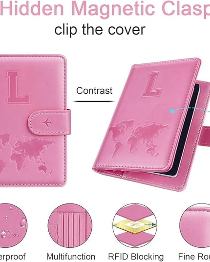 Passport Holder Cover Initail Letter A-Z Travel Wallet Embossed Design RFID Blocking Card Holder Personalized Gift Passport Cover Wallet, Passport Book Holders for Women and Girls, Pink-L