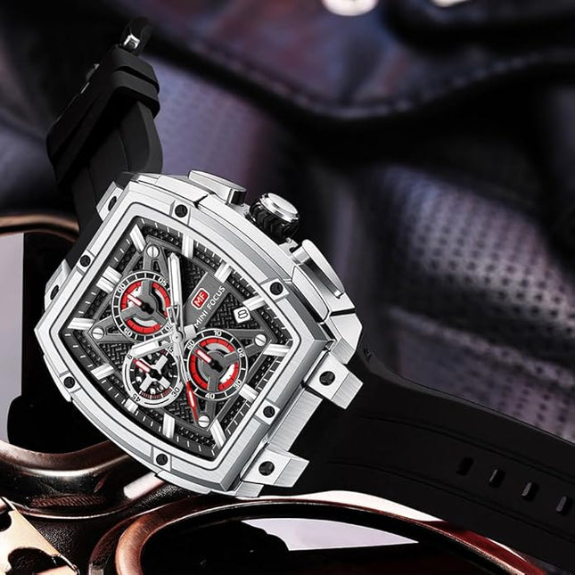 MF MINI FOCUS Men's Watch Analog Fashion Wrist Watch, Skeleton Tonneau Watch for Men with Chronograph,Ideal for Sports Enthusiasts and Daily Wear