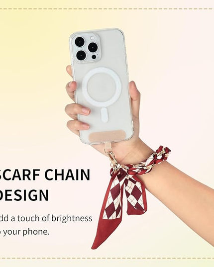 Fycyko Phone Wrist Strap with Gold Metal Scarf and Universal Tether Tab, Aesthetic Print Design Ribbon Chain, Multi-Purpose Accessories for Bag Key Cellphone for Men Women Girls-Red Checkerboard