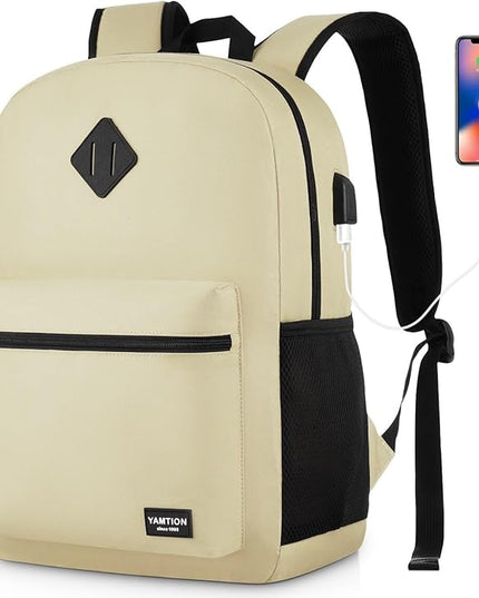 YAMTION School Backpack,Unisex Classic Bookbag Teens Schoolbag with USB Port for High School College Office Work Travel, 15.6 inch, Beige