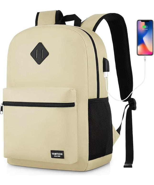 YAMTION School Backpack,Unisex Classic Bookbag Teens Schoolbag with USB Port for High School College Office Work Travel, 15.6 inch, Beige