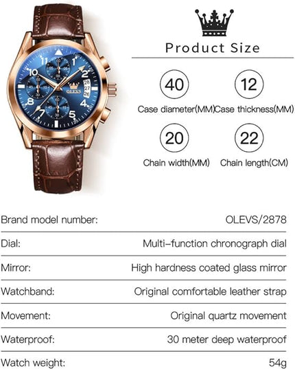 OLEVS Men's Watches Leather Strap Analog Quartz Watch, Fashion Big Dial Date Waterproof Watch, Dress Luxury Luminous Men Watches