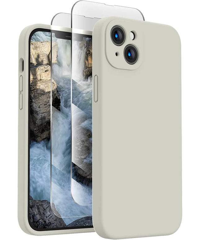 FireNova Designed for iPhone 13 Case, Silicone Upgraded [Camera Protection] Phone Case with [2 Screen Protectors], Soft Anti-Scratch Microfiber Lining Inside, 6.1 inch, Stone