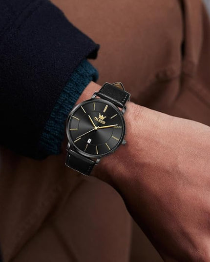 OLEVS Mens Watches Mens Leather Watch Ultra Thin Watches for Men Minimalist Watch with Leather Band Quartz Analog Dress Casual Simple Lightweight relojes para Hombres